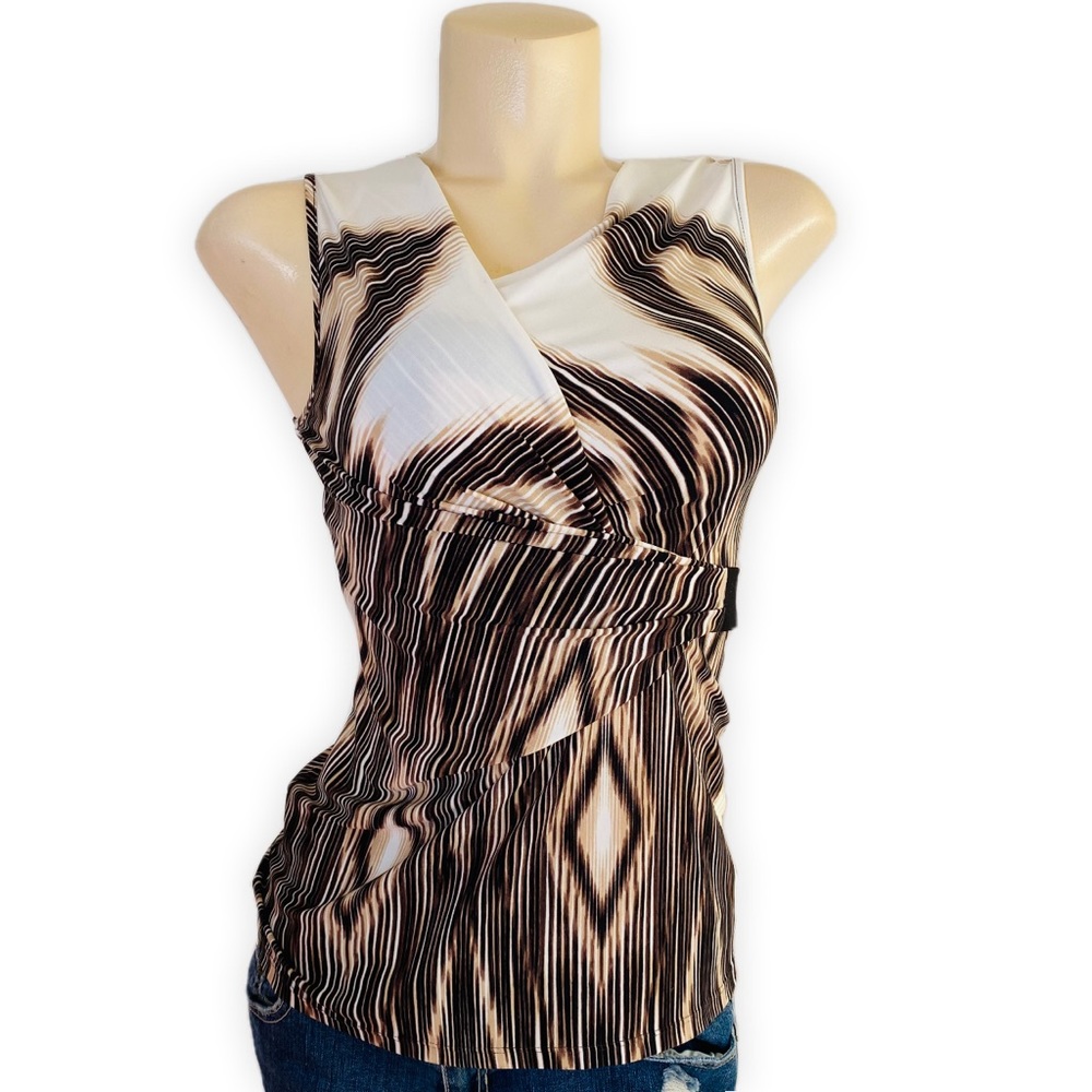 Women's Wrap Illusion Zig Zag Printed Top Side Ruching Styled Top Size XS